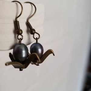 Handmade Bronze Japanese Crane & Pearl Earrings